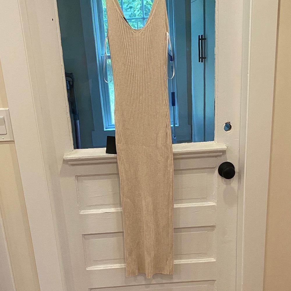 Sleeveless Cream Ribbed Button-Front Dress - Picture 4 of 6
